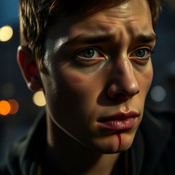 A close-up portrait of a person with a contemplative expression, showing slight blood trickling from the corner of their mouth, capturing a moment of intensity and emotional depth