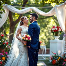 A romantic and dreamy outdoor wedding scene featuring a happily married couple, surrounded by lush greenery and colorful flowers
