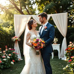 A romantic and dreamy outdoor wedding scene featuring a happily married couple, surrounded by lush greenery and colorful flowers