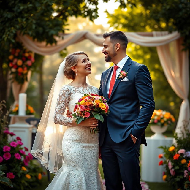 A romantic and dreamy outdoor wedding scene featuring a happily married couple, surrounded by lush greenery and colorful flowers