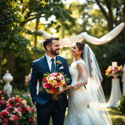 A romantic and dreamy outdoor wedding scene featuring a happily married couple, surrounded by lush greenery and colorful flowers