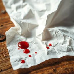 A close-up image of folded white tissue paper on a rustic wooden table, featuring small drops of blood scattered on the tissue, highlighting the contrast between the crispness of the tissue and the vivid red of the blood