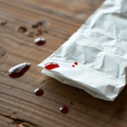A close-up image of folded white tissue paper on a rustic wooden table, featuring small drops of blood scattered on the tissue, highlighting the contrast between the crispness of the tissue and the vivid red of the blood