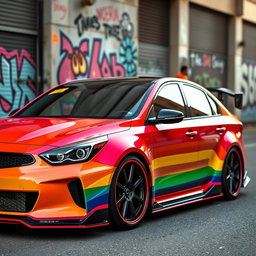 A modified Kia sedan showcasing a vibrant pride-themed color palette, styled with a widebody kit that emphasizes its aggressive stance