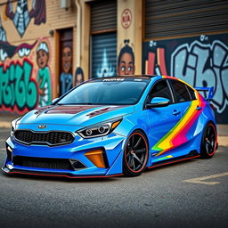 A modified Kia sedan showcasing a vibrant pride-themed color palette, styled with a widebody kit that emphasizes its aggressive stance