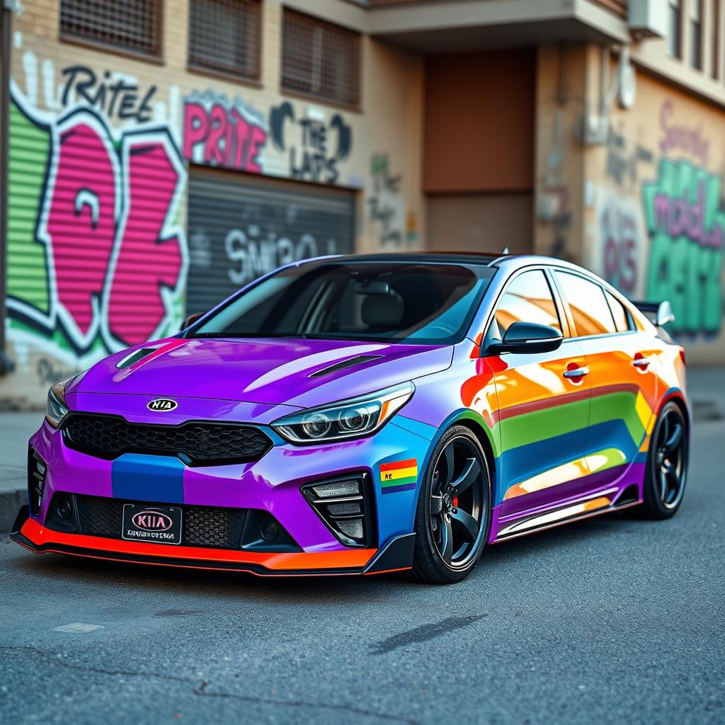A modified Kia sedan showcasing a vibrant pride-themed color palette, styled with a widebody kit that emphasizes its aggressive stance