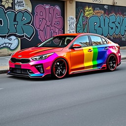A modified Kia sedan showcasing a vibrant pride-themed color palette, styled with a widebody kit that emphasizes its aggressive stance