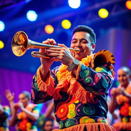 An energetic trumpeter wearing a brightly colored and patterned samba outfit passionately plays the trumpet during a lively samba music performance
