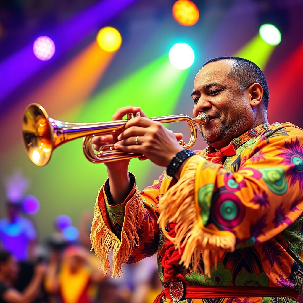 An energetic trumpeter wearing a brightly colored and patterned samba outfit passionately plays the trumpet during a lively samba music performance