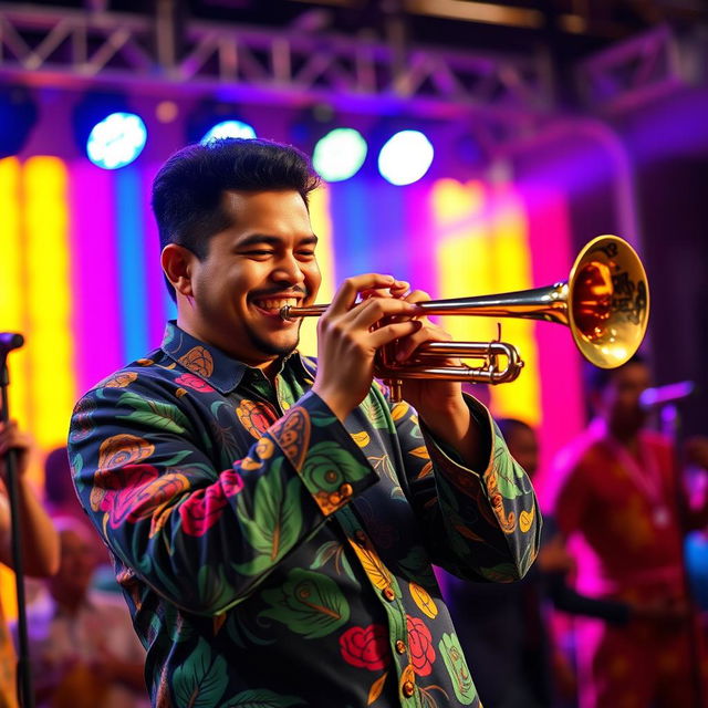 An energetic trumpeter wearing a brightly colored and patterned samba outfit passionately plays the trumpet during a lively samba music performance