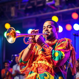 An energetic trumpeter wearing a brightly colored and patterned samba outfit passionately plays the trumpet during a lively samba music performance