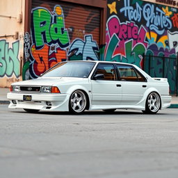 A classic 1994 Kia sedan in pristine white color, modified with a stylish widebody kit that accentuates its aggressive stance