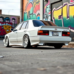 A classic 1994 Kia sedan in pristine white color, modified with a stylish widebody kit that accentuates its aggressive stance