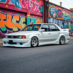 A classic 1994 Kia sedan in pristine white color, modified with a stylish widebody kit that accentuates its aggressive stance