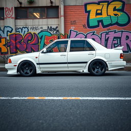 A classic 1994 Kia sedan in pristine white color, modified with a stylish widebody kit that accentuates its aggressive stance