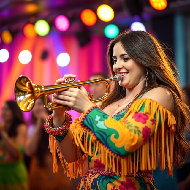 A woman with long hair, wearing a brightly colored and patterned samba outfit, passionately plays the trumpet during a lively samba music performance