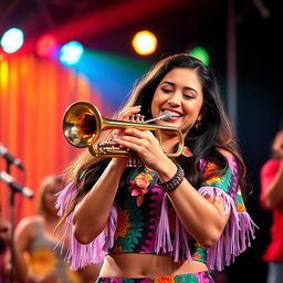 A woman with long hair, wearing a brightly colored and patterned samba outfit, passionately plays the trumpet during a lively samba music performance