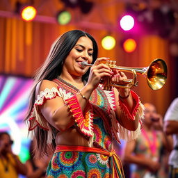 A woman with long hair, wearing a brightly colored and patterned samba outfit, passionately plays the trumpet during a lively samba music performance