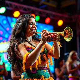 A woman with long hair, wearing a brightly colored and patterned samba outfit, passionately plays the trumpet during a lively samba music performance