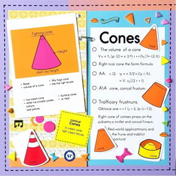 A scrapbook layout featuring mathematics cones, with colorful illustrations and engaging text