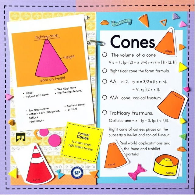 A scrapbook layout featuring mathematics cones, with colorful illustrations and engaging text