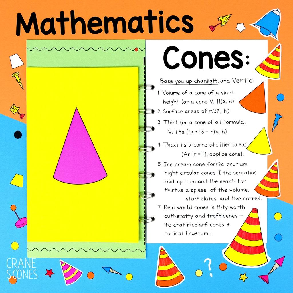 A scrapbook layout featuring mathematics cones, with colorful illustrations and engaging text