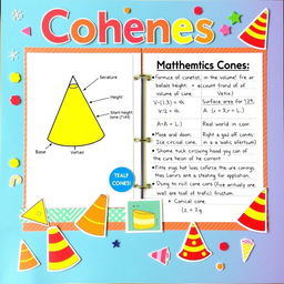 A scrapbook layout featuring mathematics cones, with colorful illustrations and engaging text