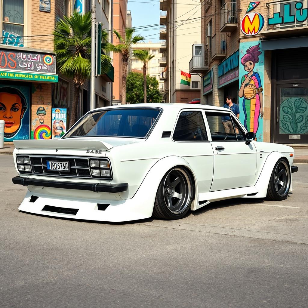 A modified 1380 Saipa from Iran in pristine white color, elegantly styled with a widebody kit that gives it an aggressive stance