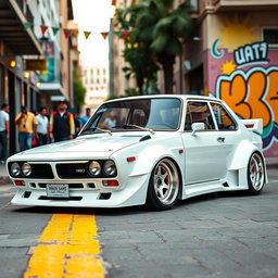 A modified 1380 Saipa from Iran in pristine white color, elegantly styled with a widebody kit that gives it an aggressive stance