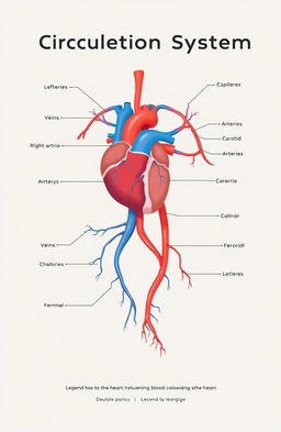 An educational illustration of the human circulation system, featuring a detailed diagram of the heart, arteries, veins, and capillaries