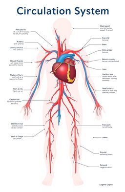 An educational illustration of the human circulation system, featuring a detailed diagram of the heart, arteries, veins, and capillaries