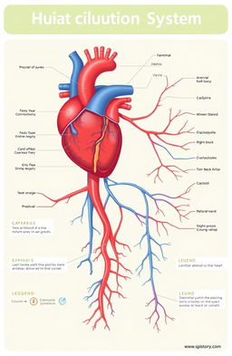 An educational illustration of the human circulation system, featuring a detailed diagram of the heart, arteries, veins, and capillaries
