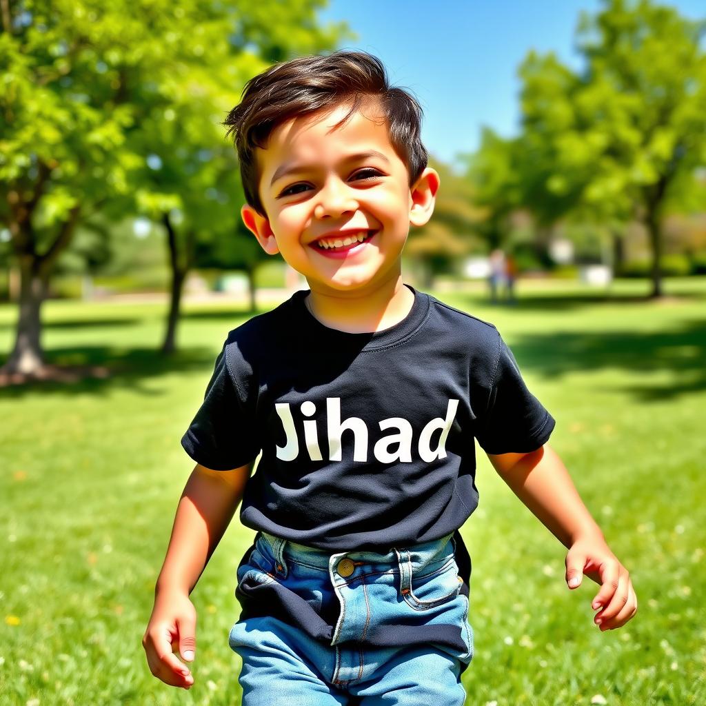 A young boy wearing a t-shirt with the name 'Jihad' printed in bold letters