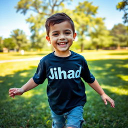 A young boy wearing a t-shirt with the name 'Jihad' printed in bold letters