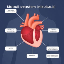 Sebuah ilustrasi edukatif tentang modul sistem sirkulasi manusia, menampilkan diagram yang jelas dan rinci dari jantung, arteri, vena, dan kapiler