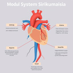 Sebuah ilustrasi edukatif tentang modul sistem sirkulasi manusia, menampilkan diagram yang jelas dan rinci dari jantung, arteri, vena, dan kapiler