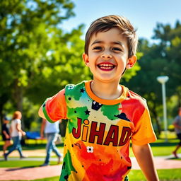 A young boy happily playing in a vibrant park wearing a colorful t-shirt with the word 'Jihad' printed in bold letters