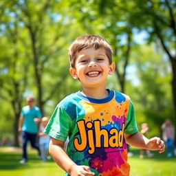 A young boy happily playing in a vibrant park wearing a colorful t-shirt with the word 'Jihad' printed in bold letters