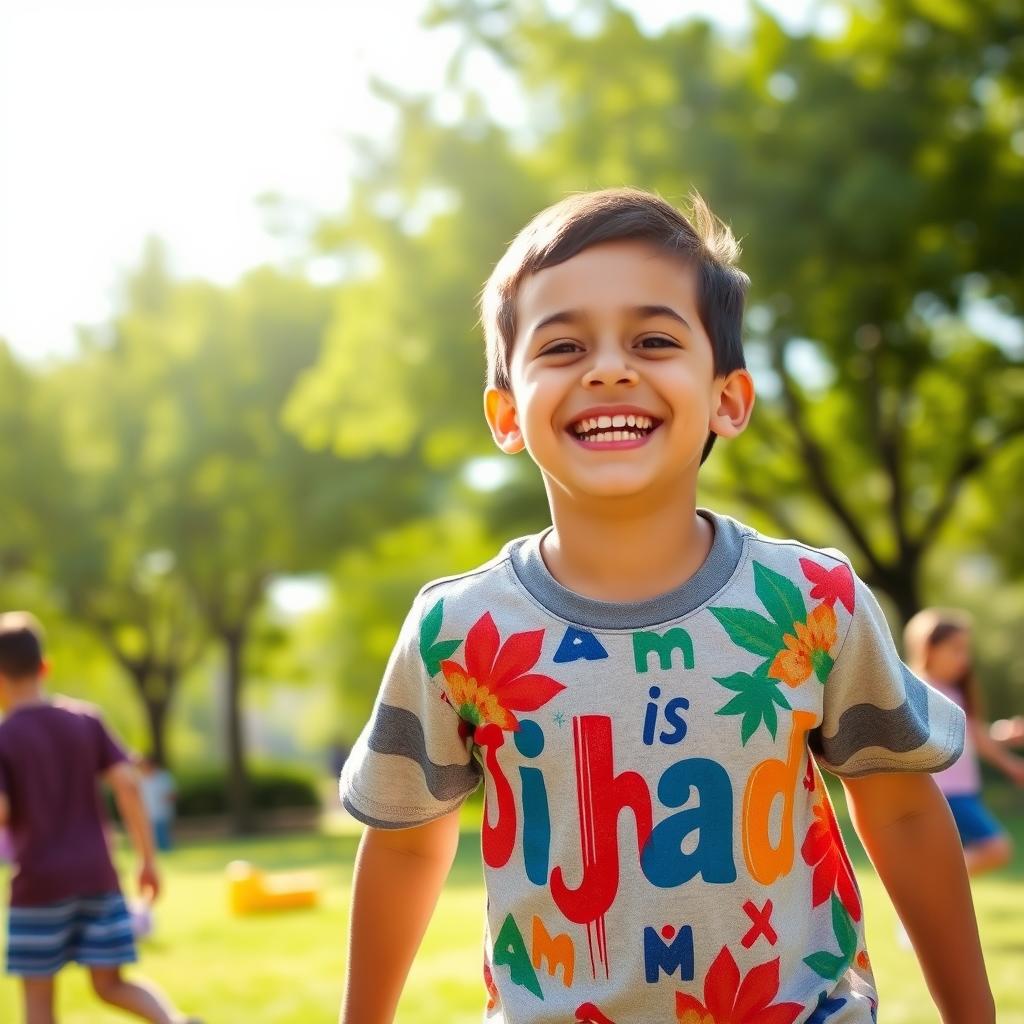 A young boy happily playing in a vibrant park wearing a colorful t-shirt with the word 'Jihad' printed in bold letters