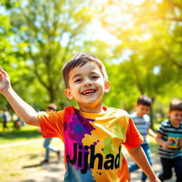 A young boy happily playing in a vibrant park wearing a colorful t-shirt with the word 'Jihad' printed in bold letters