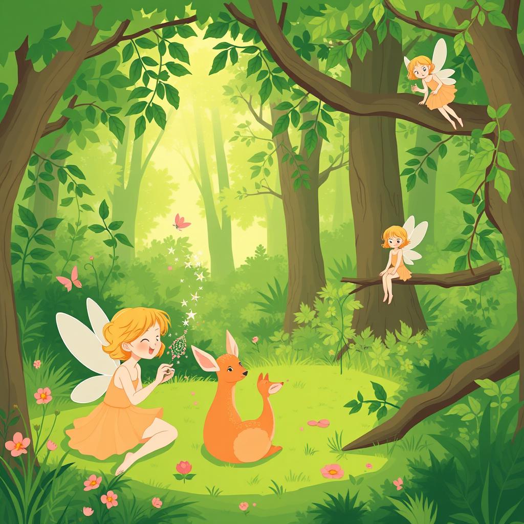 A vibrant and lush green forest depicted in a simple and minimalist comic style illustration
