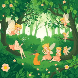 A vibrant and lush green forest depicted in a simple and minimalist comic style illustration