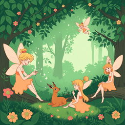 A vibrant and lush green forest depicted in a simple and minimalist comic style illustration
