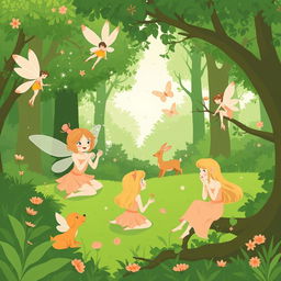 A vibrant and lush green forest depicted in a simple and minimalist comic style illustration