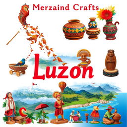 A vibrant collection of the diverse arts and crafts of Luzon, Philippines, showcasing the unique cultural heritage of each region