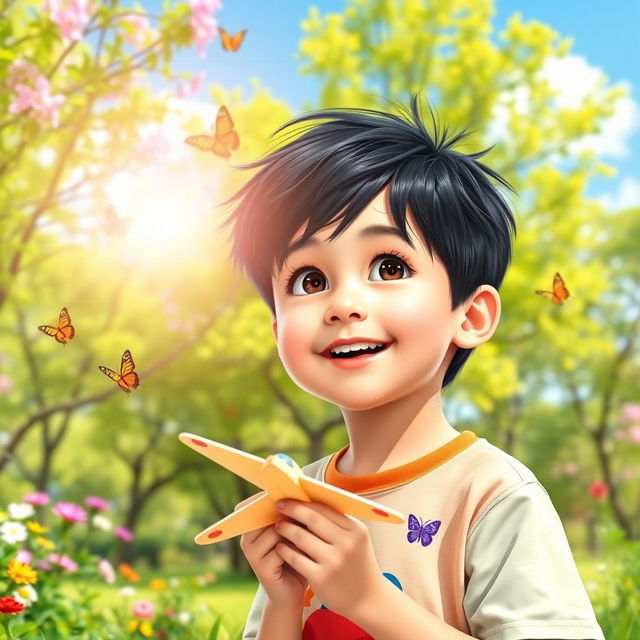 A young boy with bright, curious eyes, playing in a vibrant park filled with lush green trees and blooming flowers