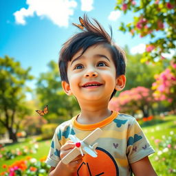 A young boy with bright, curious eyes, playing in a vibrant park filled with lush green trees and blooming flowers