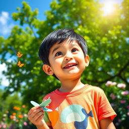 A young boy with bright, curious eyes, playing in a vibrant park filled with lush green trees and blooming flowers