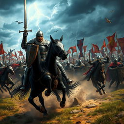 A dynamic and intense battle scene showcasing a medieval battlefield filled with knights in shining armor, wielding swords and shields
