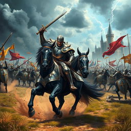 A dynamic and intense battle scene showcasing a medieval battlefield filled with knights in shining armor, wielding swords and shields